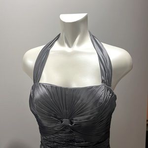 Rich grey evening gown with matching shawl.